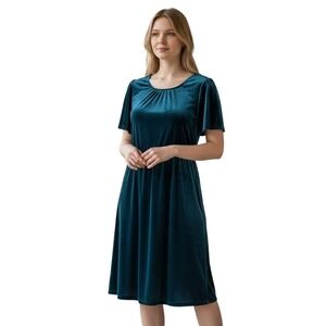 Talbots Women Velvet Dress Teal Flutter Sleeve Gathered Waist Midi Sz 16 Evening